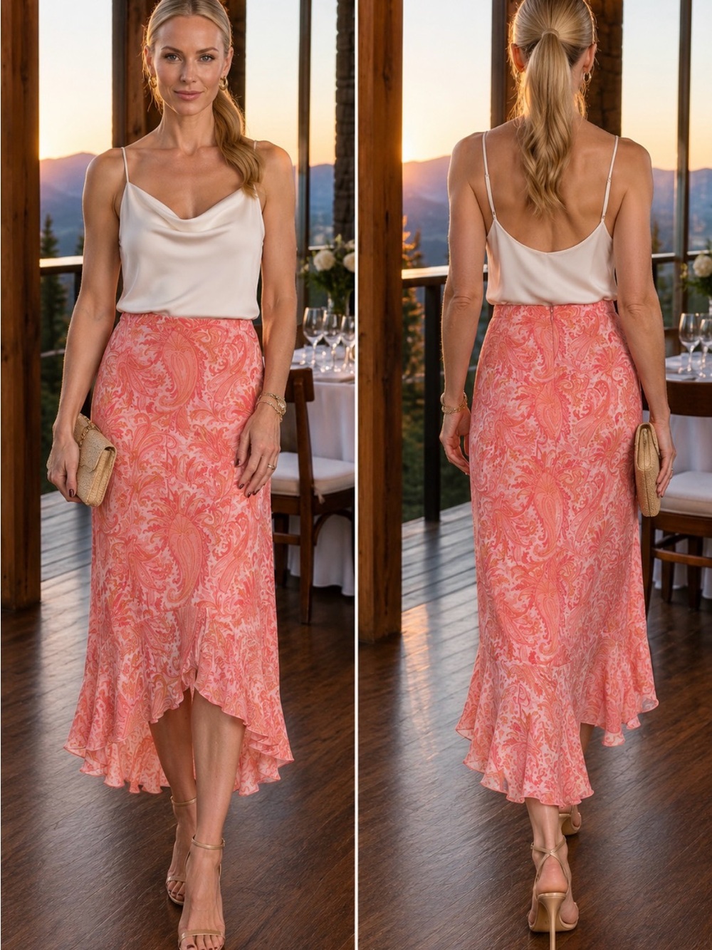 Banana Republic Women's Coral Paisley Midi Skirt